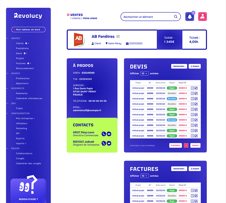 tableau de bord Gestion client