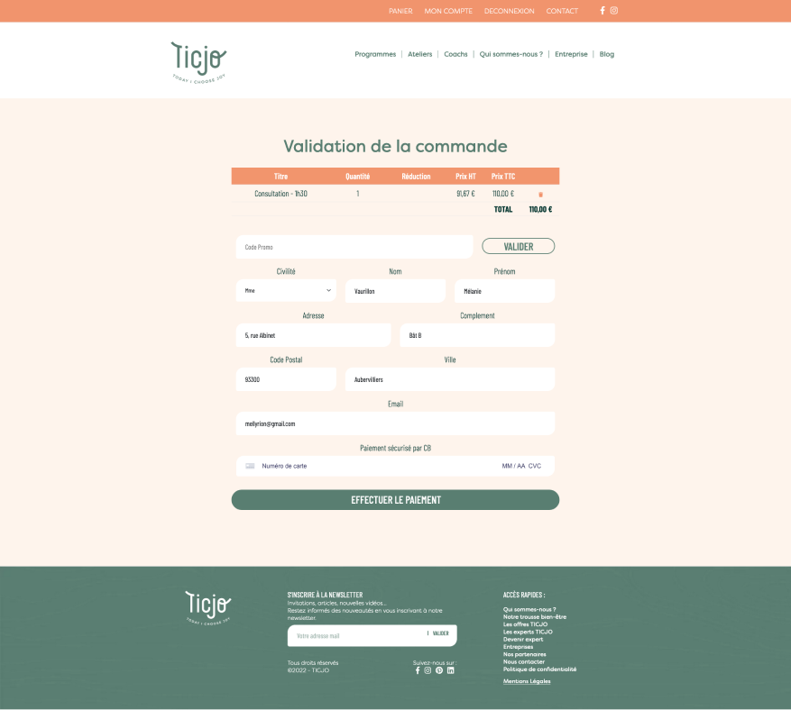 Panier du site e-commerce Ticjo